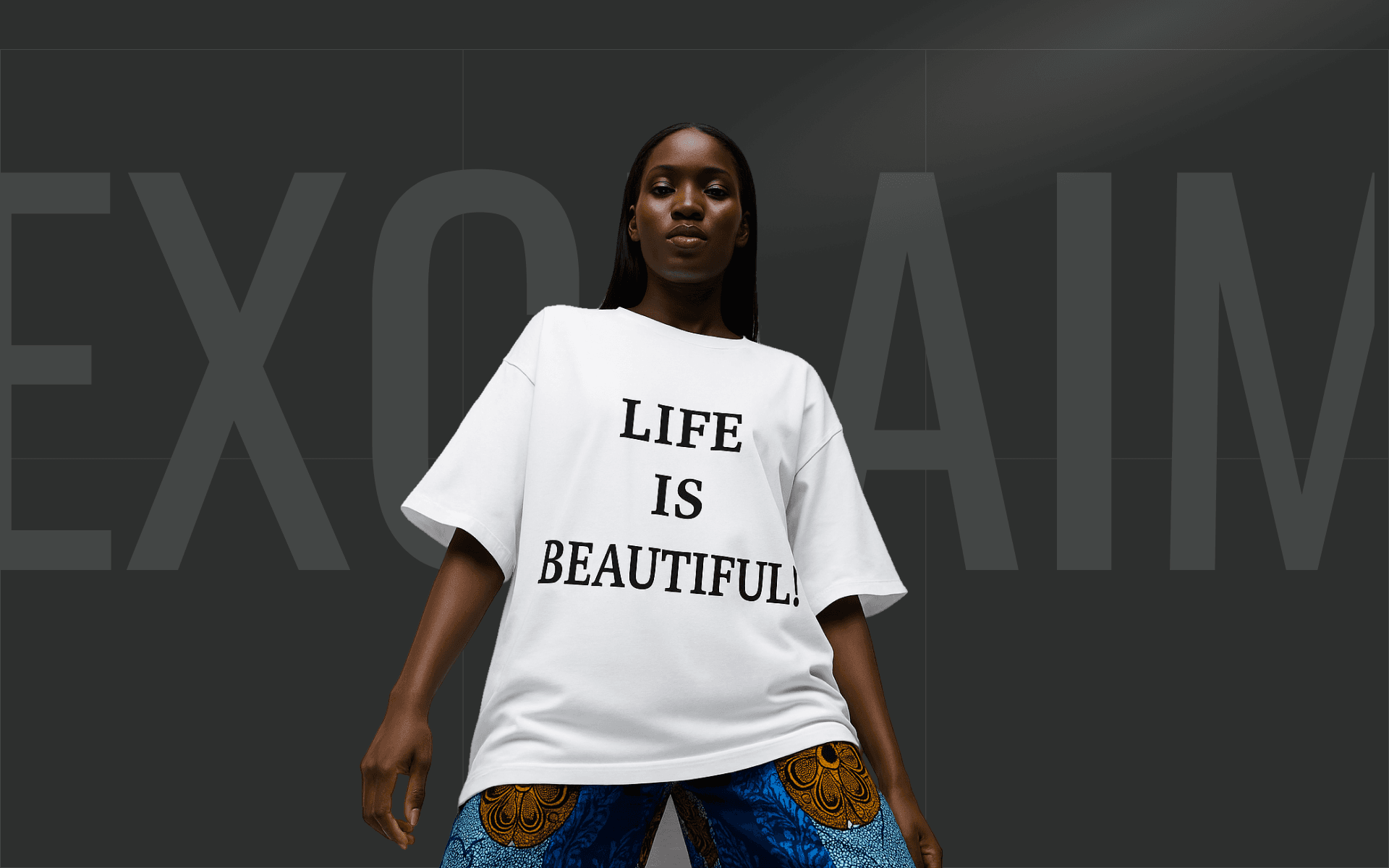 Exclaim's sustainable statement tee featuring 'Life is Beautiful' message - premium bamboo-cotton blend clothing
